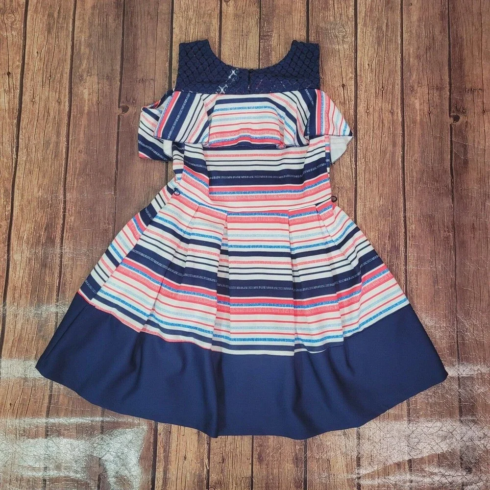 Knitworks Girls Dress Blue 7 Cold Shoulder Strip Fit & Flare Missing Belt